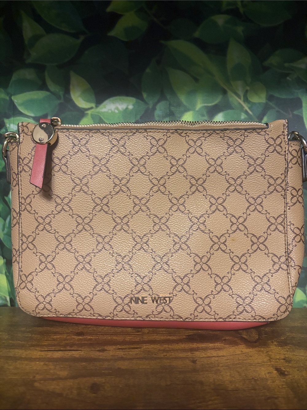 Nine West Beige and Red Logo-Print Crossbody Bag